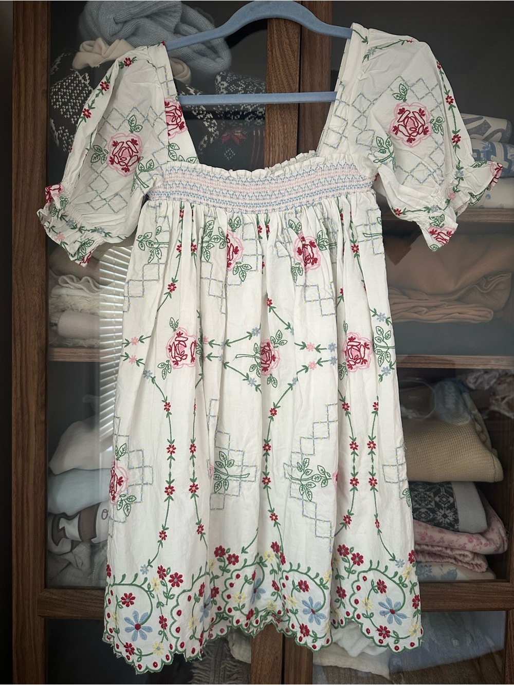 Ivory Embroidered Floral Smocked Mini Dress - Picture 4 of 6